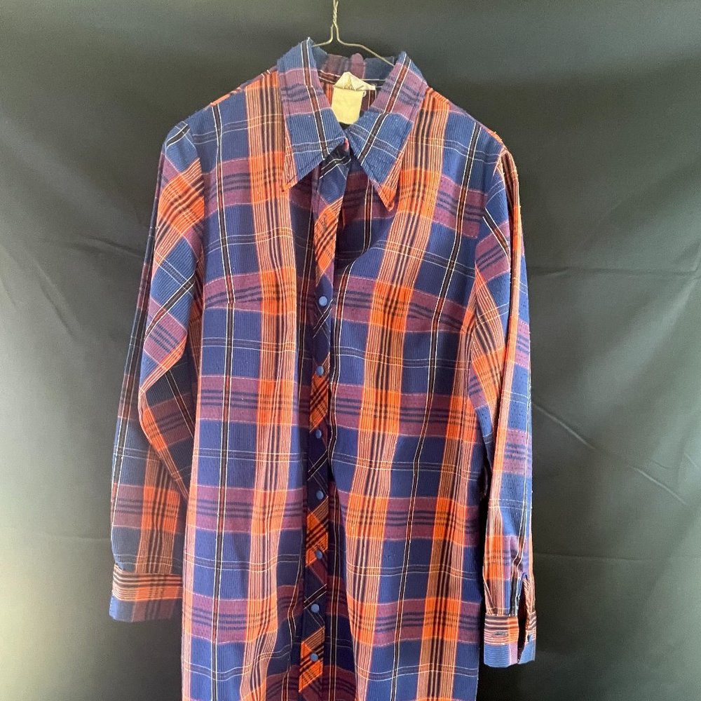 Vintage 70s The Art Shirt Mod Blue and Orange Long Sleeve Flannel Dress Size 17/